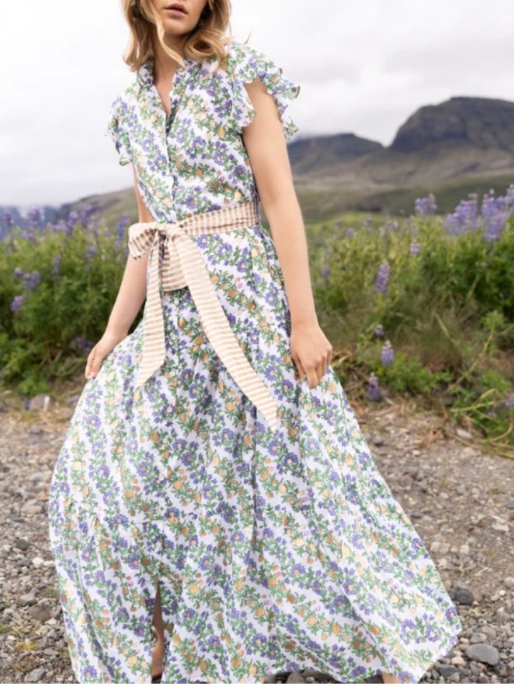 Oliphant • Hand Block Lupina Peri Maxi Dress Ruffle Collar Button Front Cotton - Picture 11 of 12